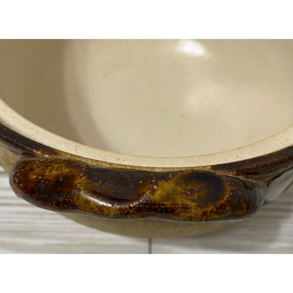 Vtg Art Pottery Lidded Casserole Dish Floral Brown & White MCM - Picture 6 of 8